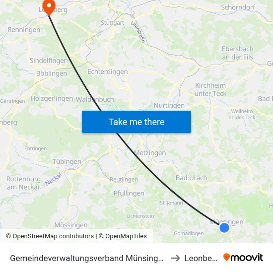 Gemeindeverwaltungsverband Münsingen to Leonberg map