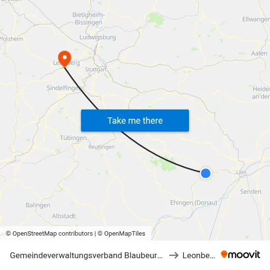 Gemeindeverwaltungsverband Blaubeuren to Leonberg map