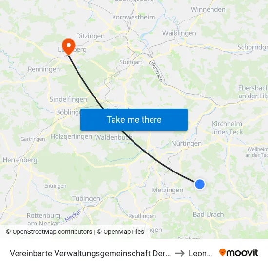 Vereinbarte Verwaltungsgemeinschaft Der Stadt Neuffen to Leonberg map
