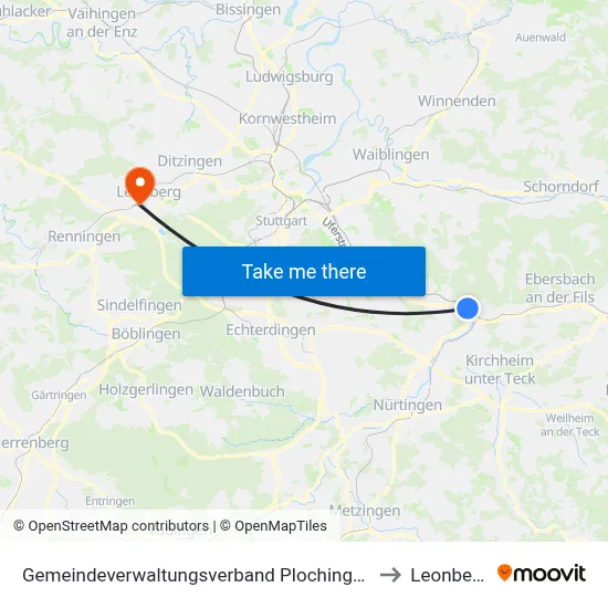 Gemeindeverwaltungsverband Plochingen to Leonberg map