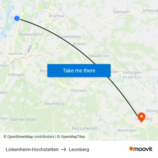 Linkenheim-Hochstetten to Leonberg map