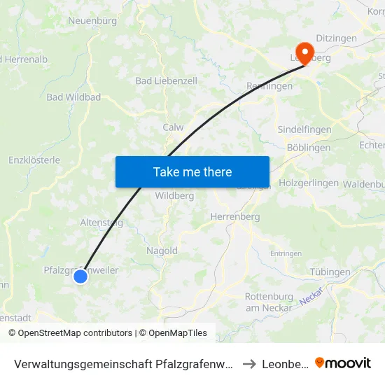 Verwaltungsgemeinschaft Pfalzgrafenweiler to Leonberg map