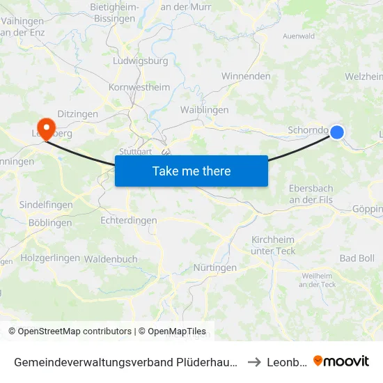 Gemeindeverwaltungsverband Plüderhausen-Urbach to Leonberg map