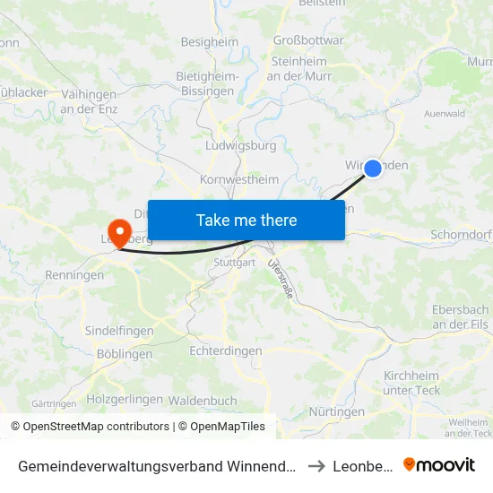 Gemeindeverwaltungsverband Winnenden to Leonberg map