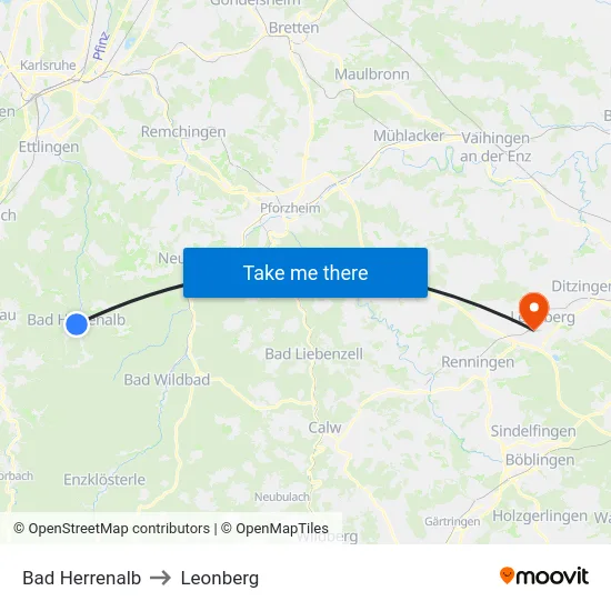 Bad Herrenalb to Leonberg map
