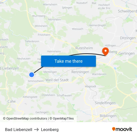 Bad Liebenzell to Leonberg map