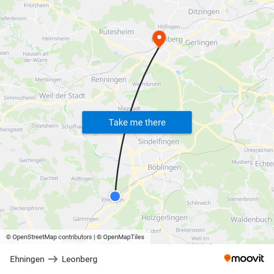 Ehningen to Leonberg map