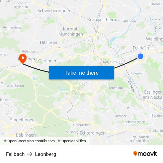 Fellbach to Leonberg map