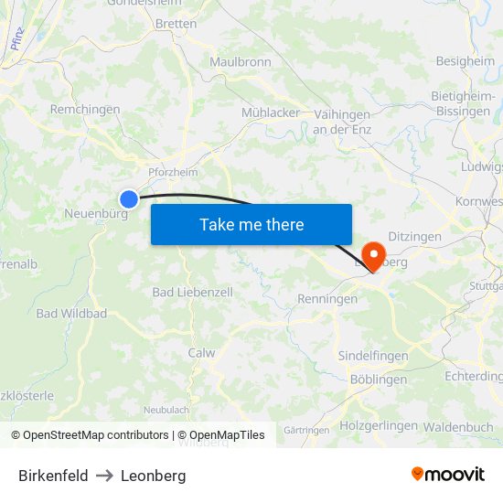 Birkenfeld to Leonberg map