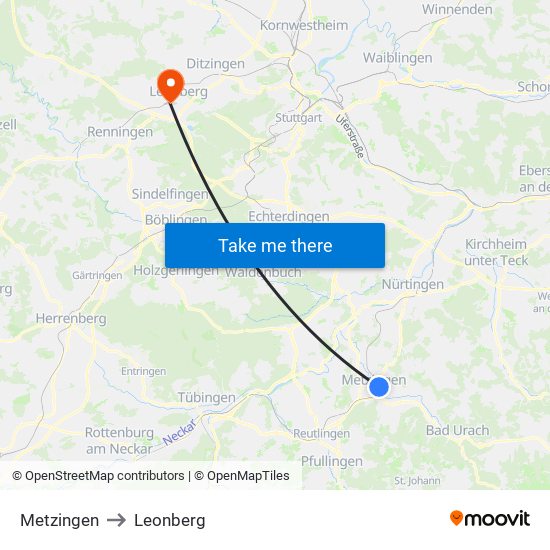 Metzingen to Leonberg map