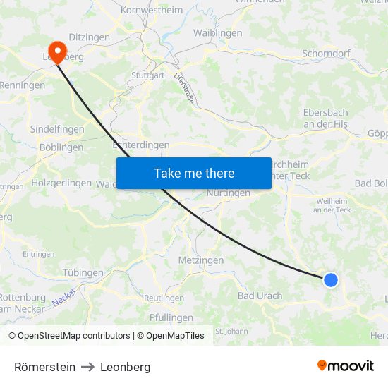 Römerstein to Leonberg map