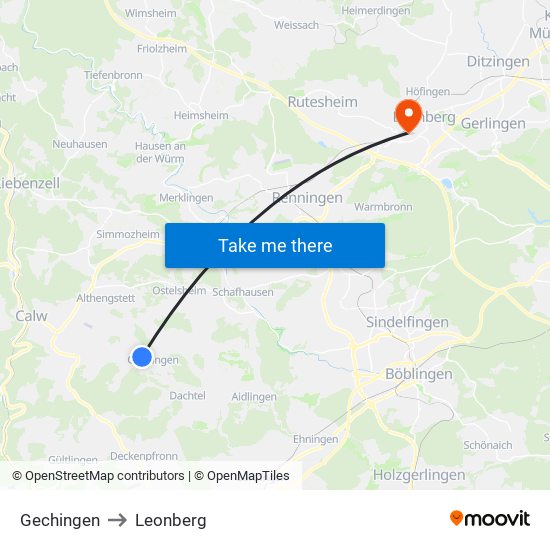 Gechingen to Leonberg map