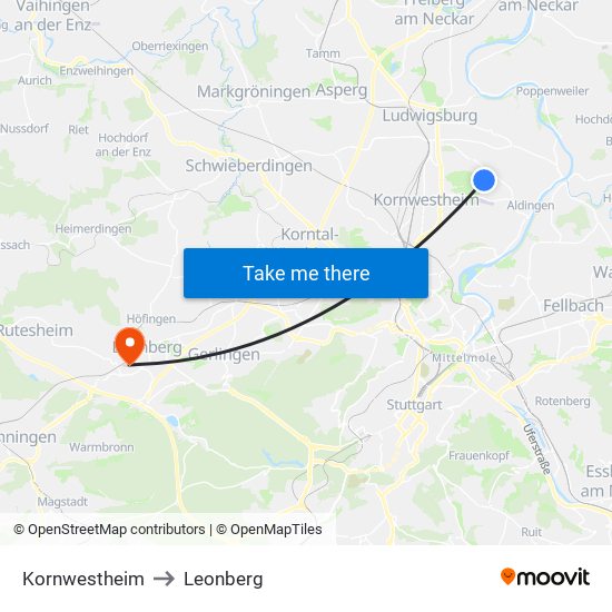 Kornwestheim to Leonberg map