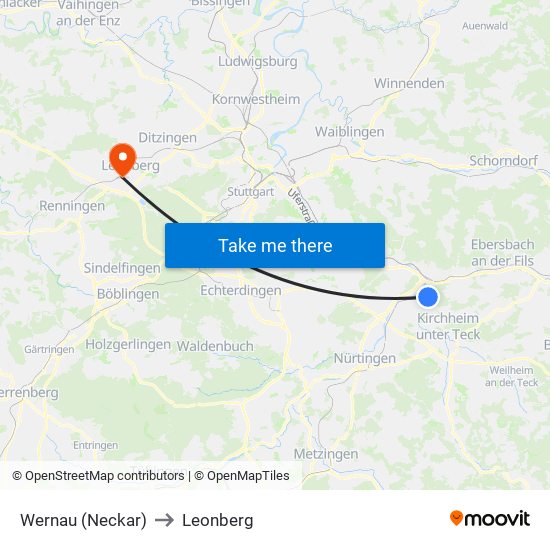 Wernau (Neckar) to Leonberg map