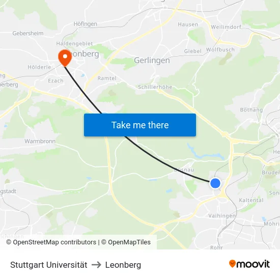 Stuttgart Universität to Leonberg map