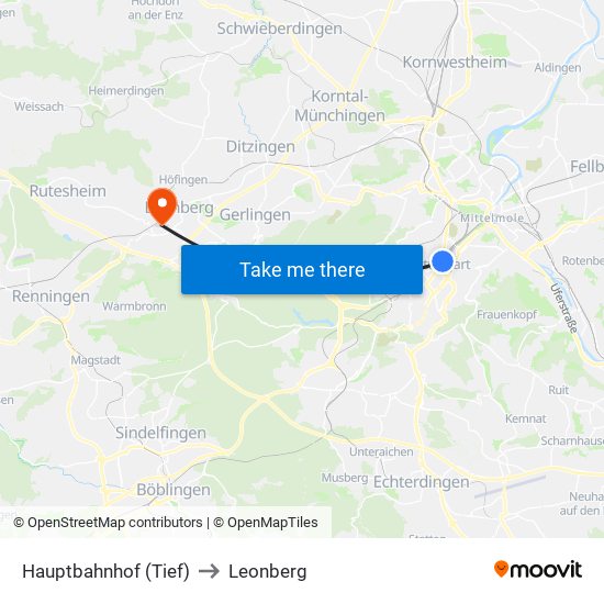 Hauptbahnhof (Tief) to Leonberg map