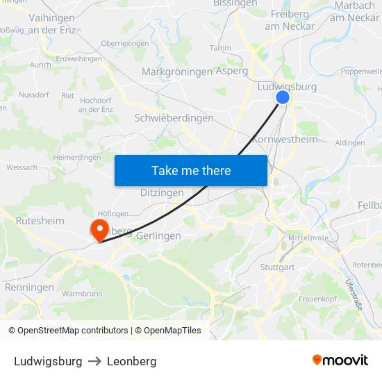 Ludwigsburg to Leonberg map