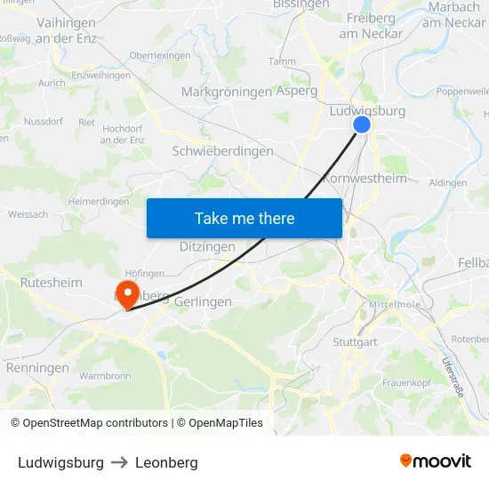 Ludwigsburg to Leonberg map