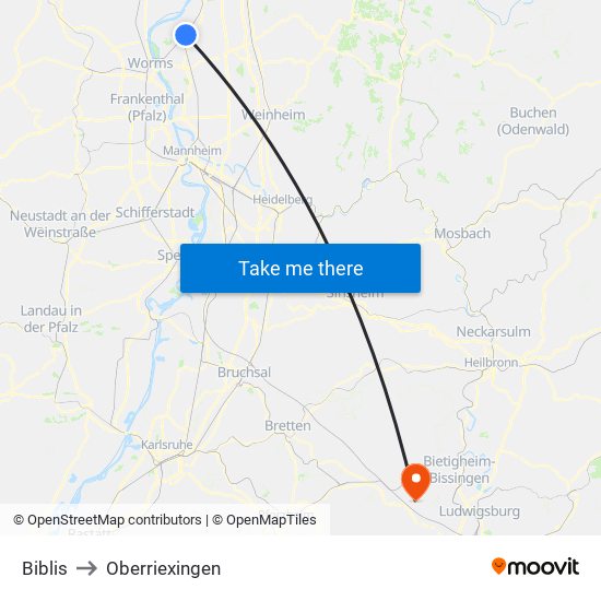 Biblis to Oberriexingen map