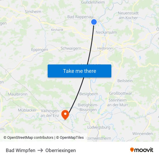 Bad Wimpfen to Oberriexingen map