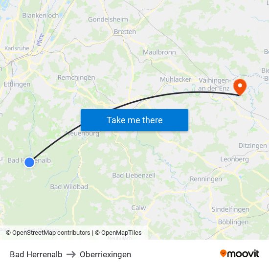 Bad Herrenalb to Oberriexingen map