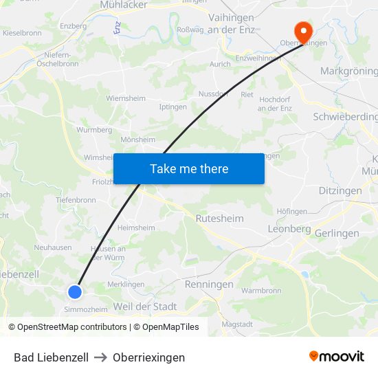 Bad Liebenzell to Oberriexingen map