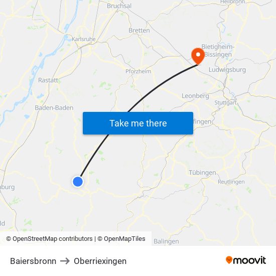 Baiersbronn to Oberriexingen map