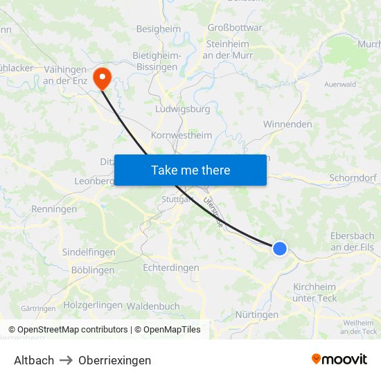 Altbach to Oberriexingen map