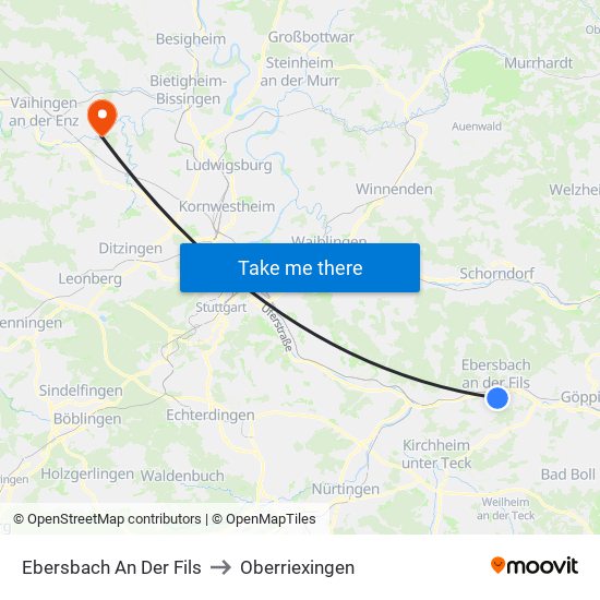 Ebersbach An Der Fils to Oberriexingen map