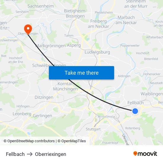 Fellbach to Oberriexingen map