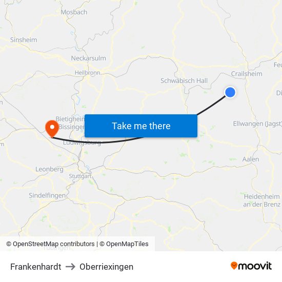 Frankenhardt to Oberriexingen map