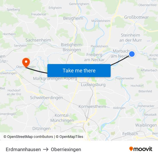 Erdmannhausen to Oberriexingen map