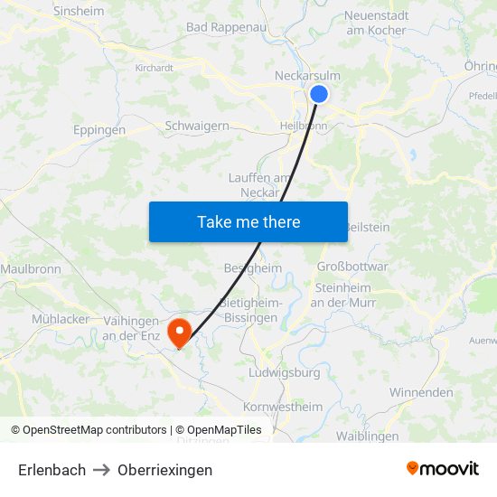 Erlenbach to Oberriexingen map