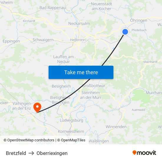 Bretzfeld to Oberriexingen map