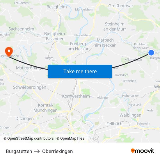 Burgstetten to Oberriexingen map