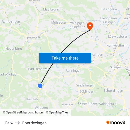 Calw to Oberriexingen map