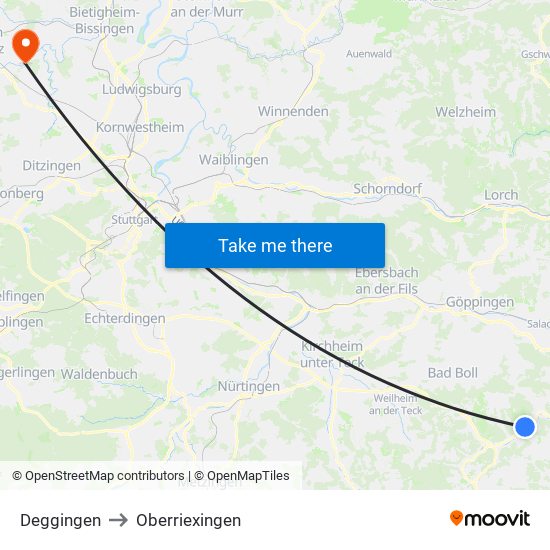 Deggingen to Oberriexingen map