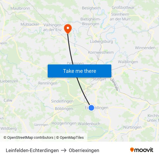 Leinfelden-Echterdingen to Oberriexingen map