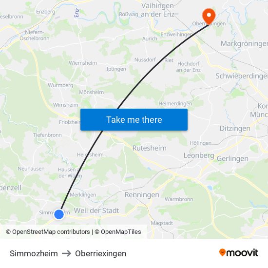 Simmozheim to Oberriexingen map