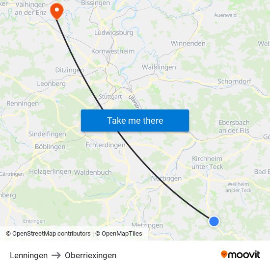 Lenningen to Oberriexingen map