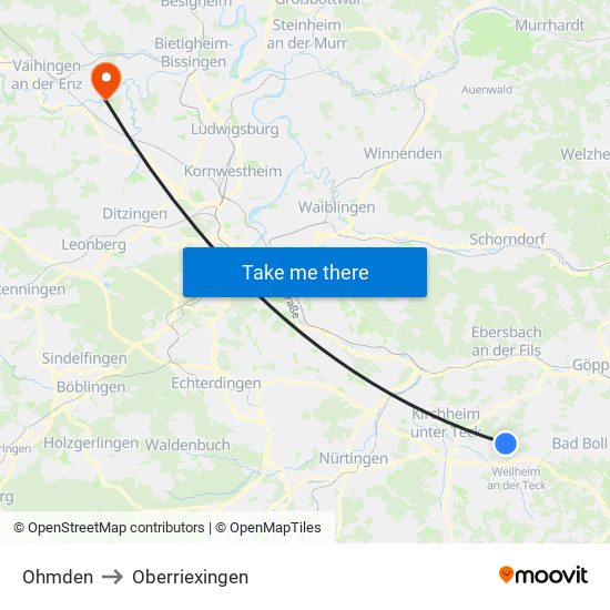 Ohmden to Oberriexingen map