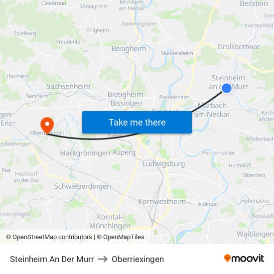 Steinheim An Der Murr to Oberriexingen map