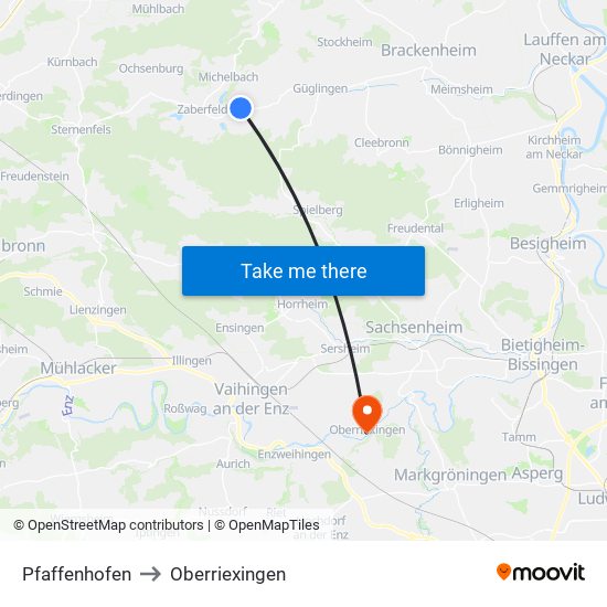 Pfaffenhofen to Oberriexingen map