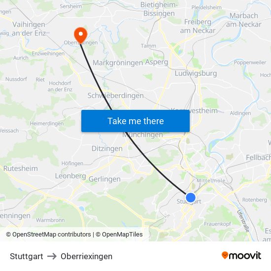 Stuttgart to Oberriexingen map