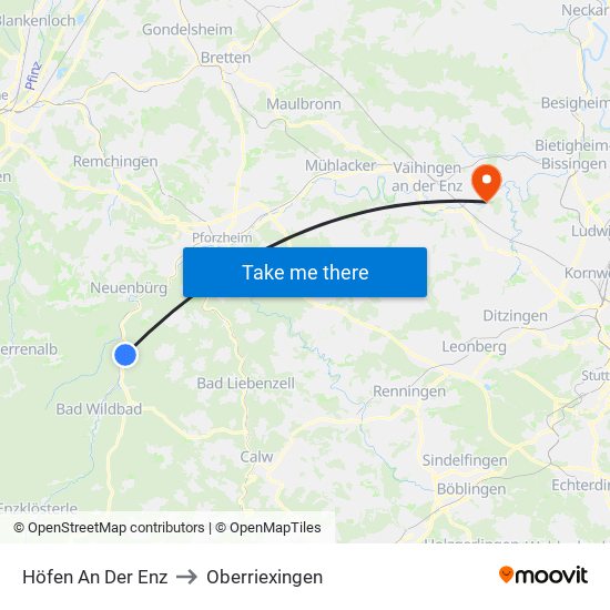 Höfen An Der Enz to Oberriexingen map
