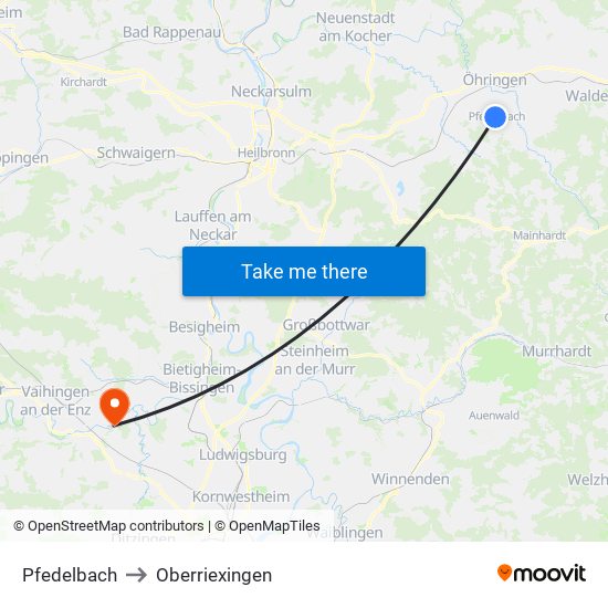 Pfedelbach to Oberriexingen map