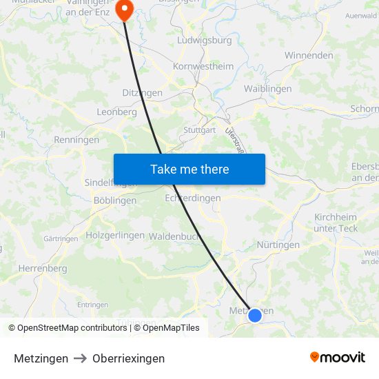 Metzingen to Oberriexingen map