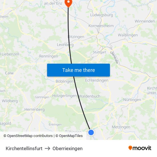Kirchentellinsfurt to Oberriexingen map