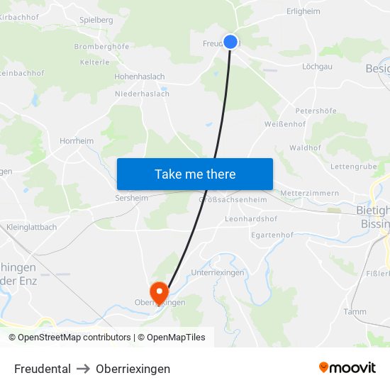 Freudental to Oberriexingen map