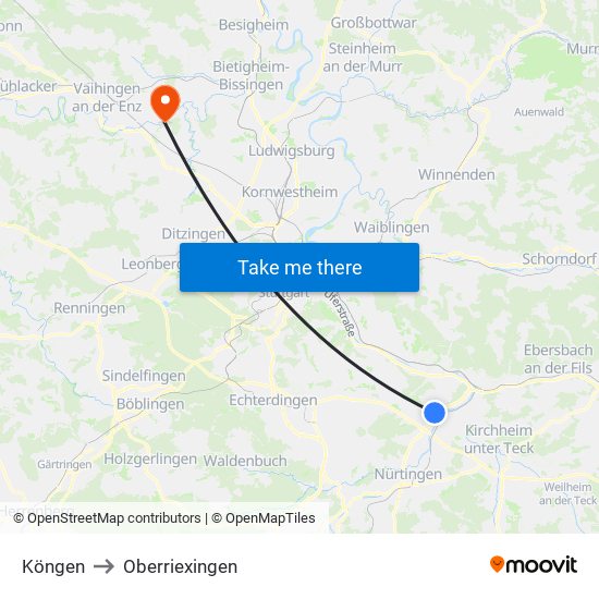 Köngen to Oberriexingen map